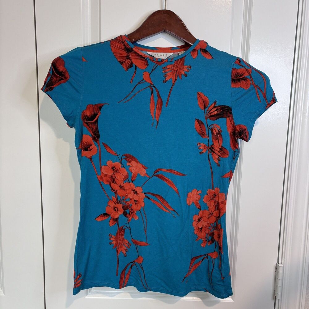 Ted Baker London Women's 2 Green Orange Floral Short Sleeve Crew Neck T-Shirt